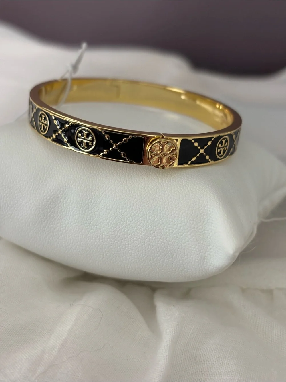 Tory Burch Gold and Black Enamel Logo Slim Hinged Bracelet